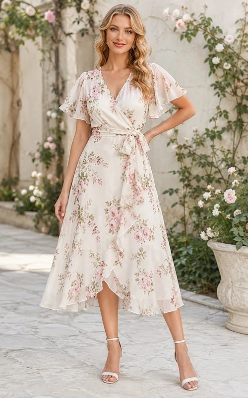 Teelanges, elfenbeinfarbenes Wickelkleid mit Blumenmuster, V-Ausschnitt, flatternden Ärmeln und A-Linien-Schnitt