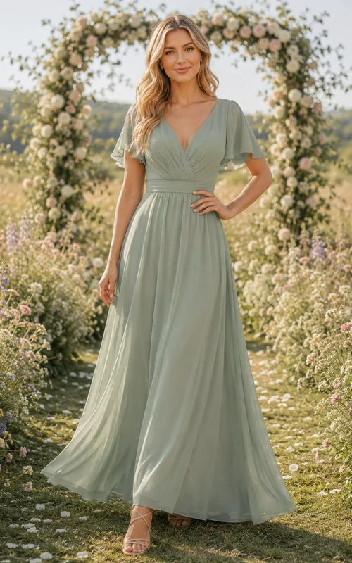 Sage Green Flutter Sleeve V Neck Floor Length A Line Guest Dress