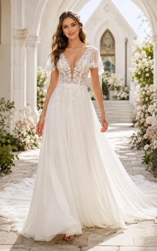 Robe de mariée en mousseline de soie à col en V, manches pétales, dentelle florale appliquée, coupe trapèze, dos nu plongeant et traîne chapelle