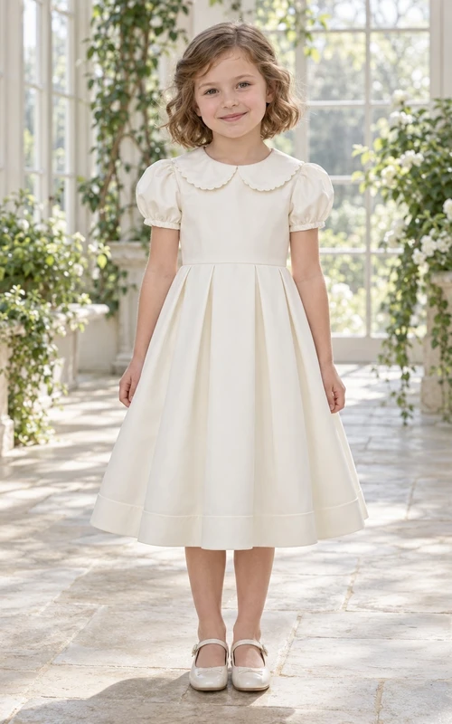 Robe de demoiselle d'honneur vintage ivoire simple et modeste, longueur genou, col rond festonné, manches courtes bouffantes, plis creux et poignets froncés
