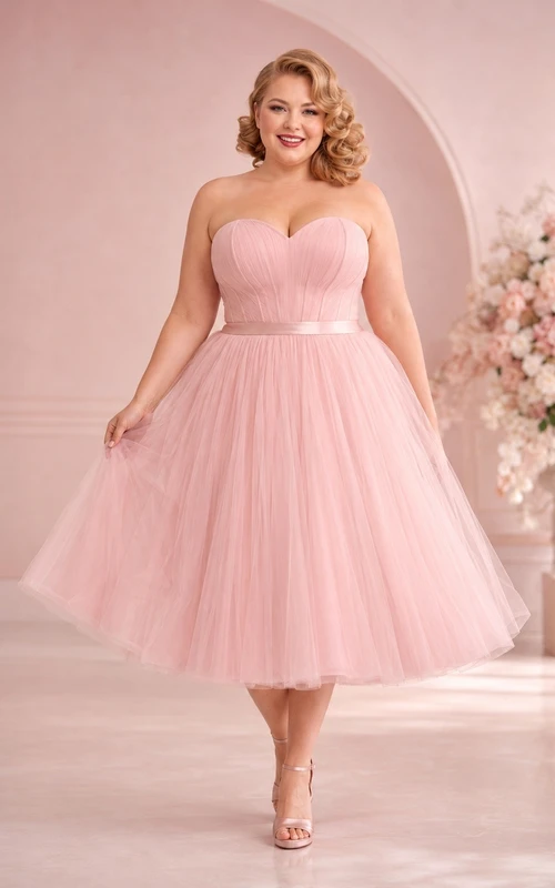 Blush Tulle Sweetheart Pleated Sleeveless Tea-Length Plus-Size A-Line Dress