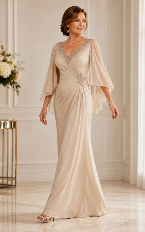 Robe fourreau en mousseline à col en V et manches 3/4, avec cape.