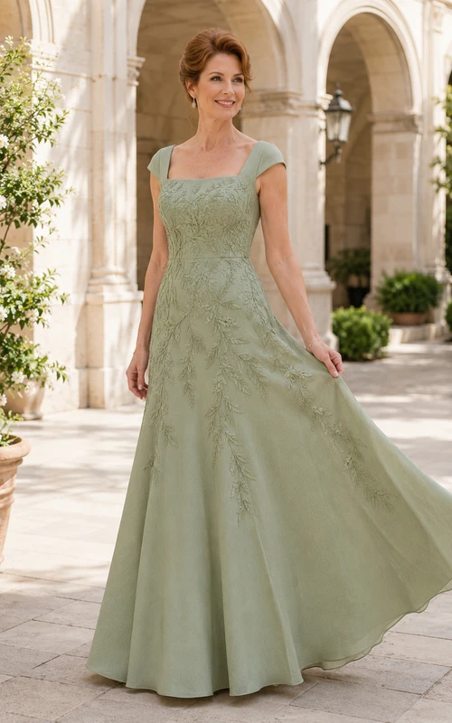 Salbeigrünes Tüll-Kleid in A-Linie mit kurzen Ärmeln