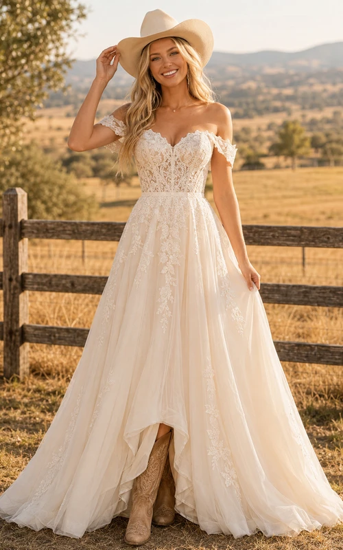 Robe de mariée de maternité à col en V et manches papillon en dentelle, style champêtre