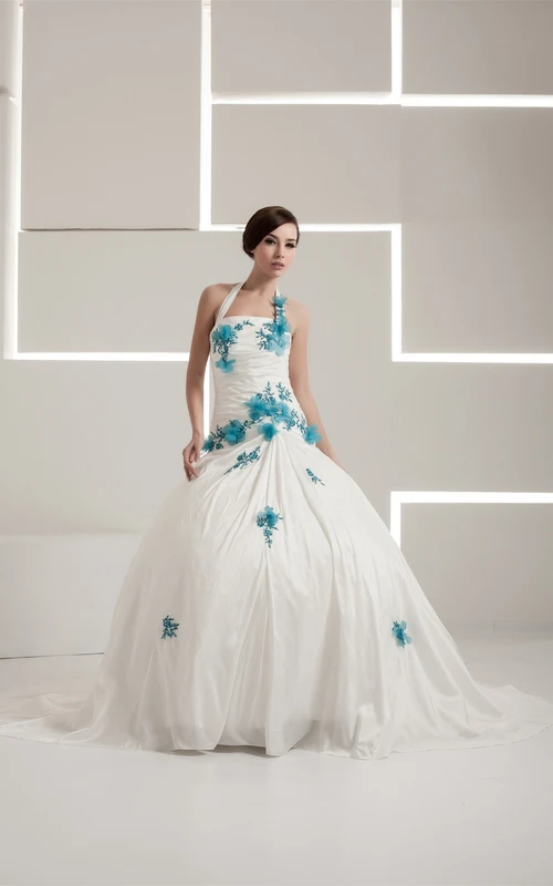 Neckholder-Kleid in A-Linie mit Applikationen, Raffungen und Blumenmuster