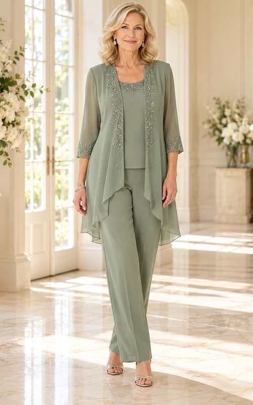 Modest Sage Beaded Three-quarter Sleeve Waterfall Mother Wedding Pantsuit