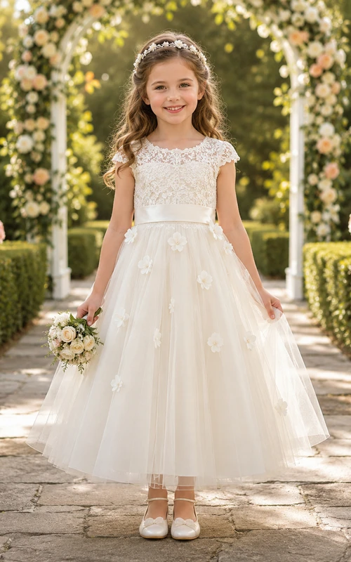 Vestido de niña de las flores, color marfil, encaje y tul, corte en A, manga corta, escote redondo, largo midi, lazo en la espalda.