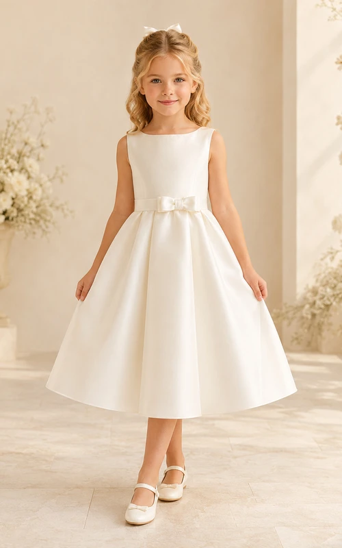 Flower Girl Dress Champagne Satin A-Line Jewel Neck Tea Length