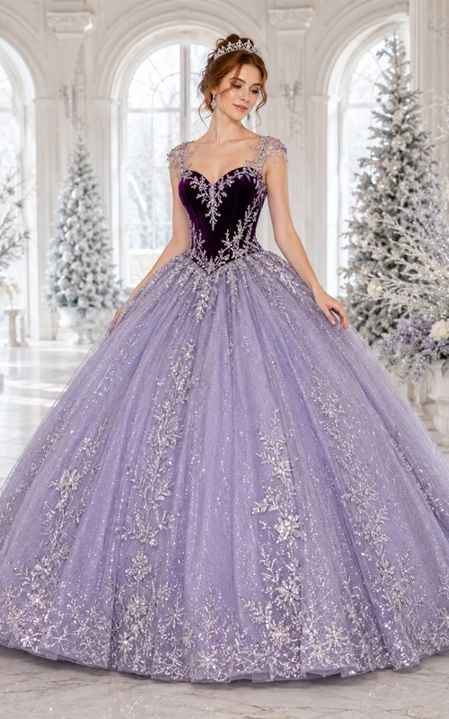 Gorro de invierno lavanda, manga ilusión, terciopelo, encaje plateado, vestido de quinceañera de princesa, formal, vestido de gala