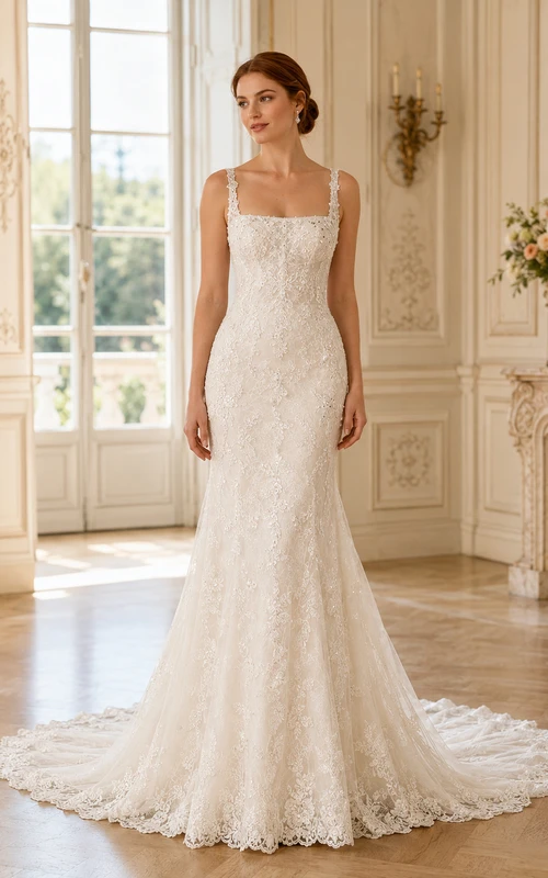 Robe de mariée modeste en dentelle et tulle, coupe sirène, col rond, manches longues et traîne courte.