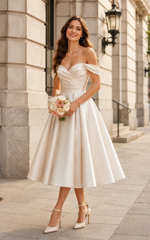 Elegante vestido de novia de satén de largo midi con hombros descubiertos, estilo juzgado.