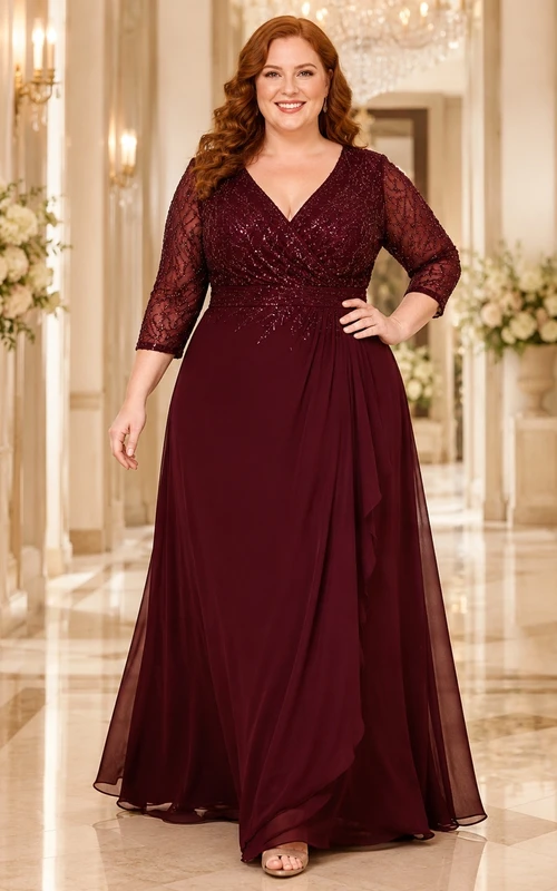 Burgunderfarbenes, elegantes A-Linien-Kleid aus Chiffon mit V-Ausschnitt, Dreiviertelärmeln und Spitze in Übergröße