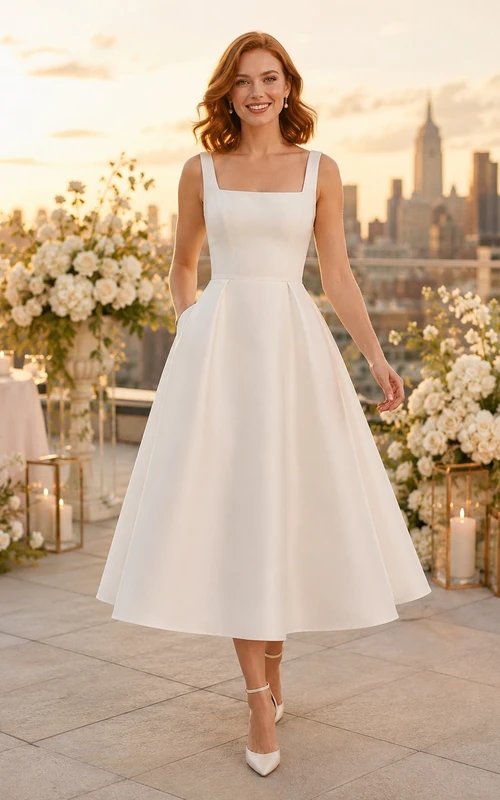 Simple Square Neck Strap Satin A-Line Tea-Length Civil Courthouse Wedding Dress