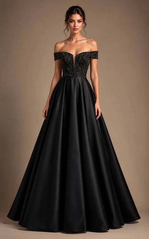 Robe de gala noire avec corsage orné de cristaux et épaules dénudées, coupe trapèze.