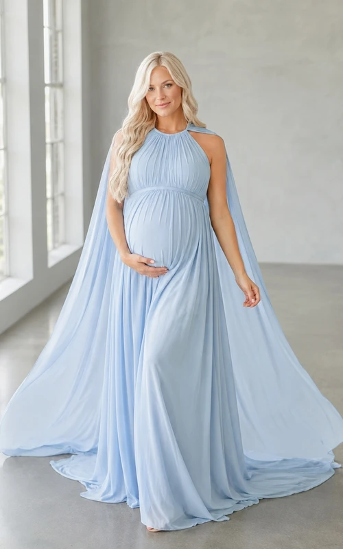Maternity Empire High Neck Chiffon Cape Sweep Train Photoshoot Gown