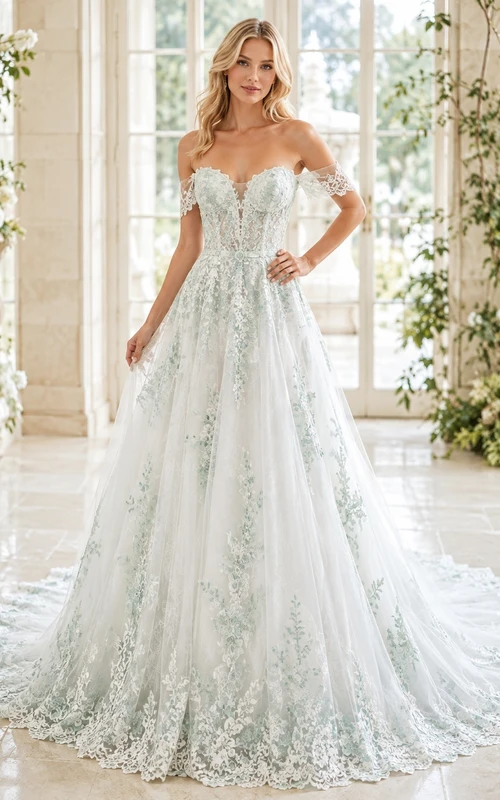 Celadon Botanical Brautkleid in A-Linie, schulterfrei, kurze Ärmel, Kathedralenschleppe, romantisch-elegant