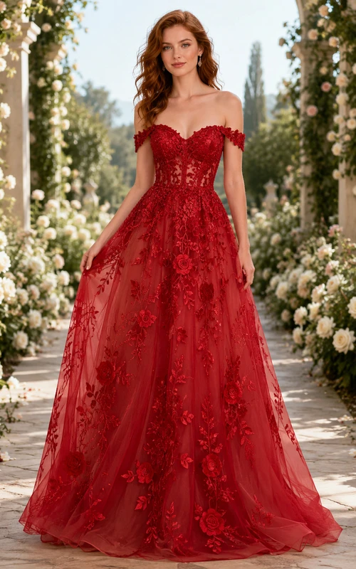 Rotes, schulterfreies Brautkleid aus besticktem Tüll mit Blumenmuster