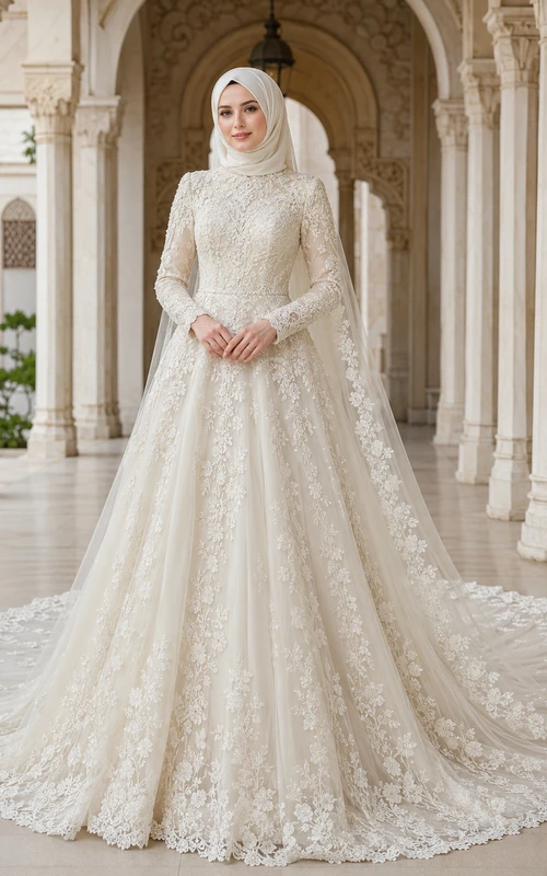 Lujoso vestido de novia musulmán de gala de tul bordado con cola catedral.