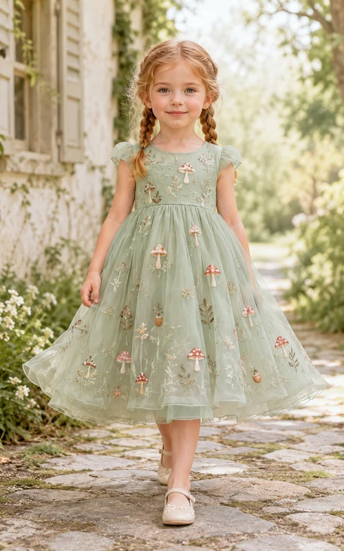 Sage Cap Sleeve A-Line Flower Girl Dress with Botanical Mushroom Applique Tea-Length Tulle Skirt