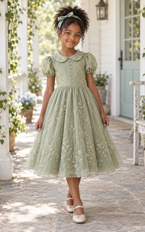 Vestido de niña de flores vintage de corte A con estampado floral verde salvia, mangas abullonadas y cuello Peter Pan, hasta la rodilla.