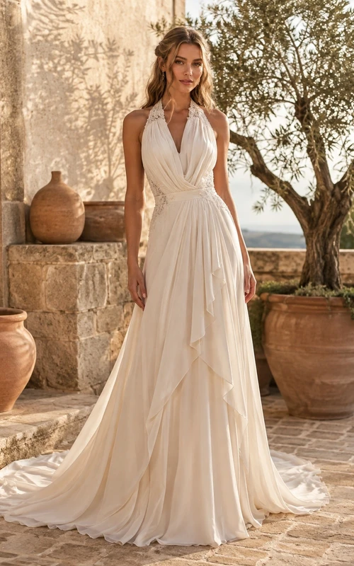 Vestido de novia blanco sencillo, largo hasta el suelo, con escote halter y corte en A.