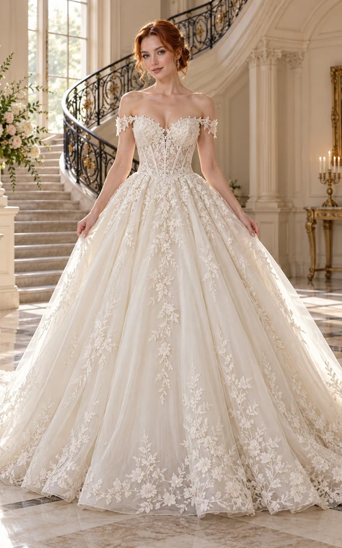 Open Back Off Shoulder Floral Lace Full Ball Gown Wedding Dress
