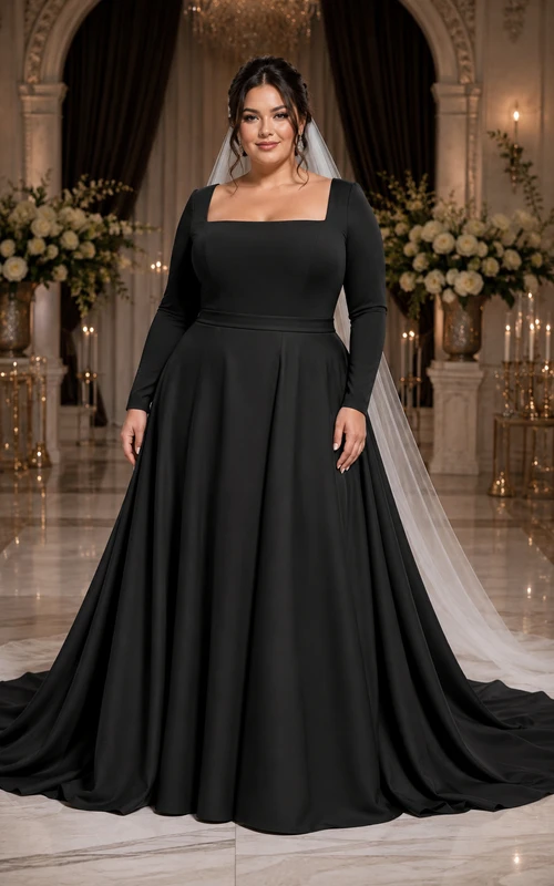 Vestido de novia negro de talla grande con manga larga y escote cuadrado, corte en A