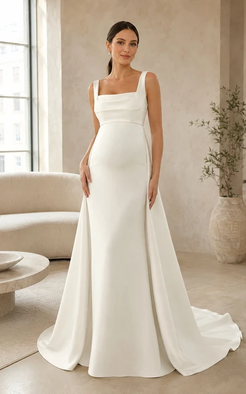 Vestido de novia de corte recto, sin mangas, de satén, con escote cuadrado y cola larga, ideal para ceremonias nupciales.