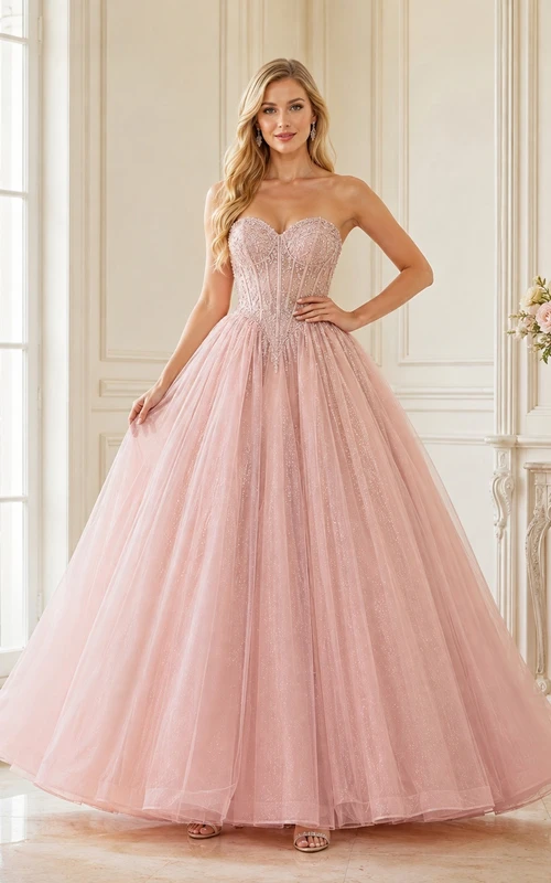 Pearl Pink Tulle Strapless Sweetheart Ball Gown Floor-Length Romantic Prom Dress