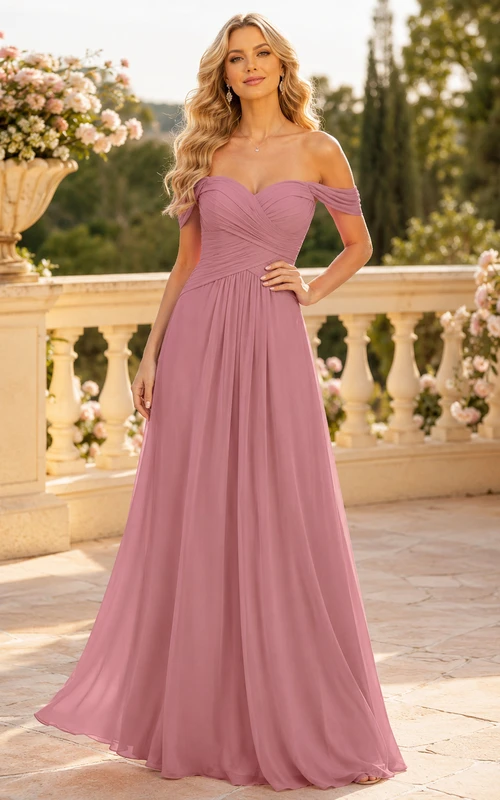 Vestido formal de gasa color rosa empolvado con escote corazón y corte en A