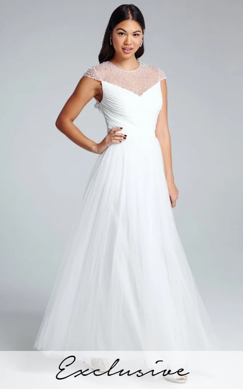 Robe de demoiselle d'honneur en tulle à manches courtes et col rond froncé