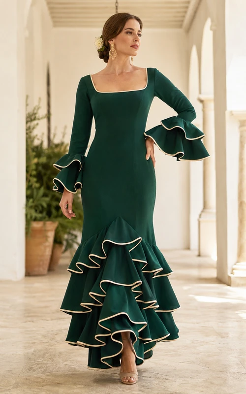Dunkelgrünes, eckiges Ausschnitt-Meerjungfrauenkleid im Flamenco-Stil mit langen, gestuften Glockenärmeln und asymmetrischem Saum im Meerjungfrauenstil