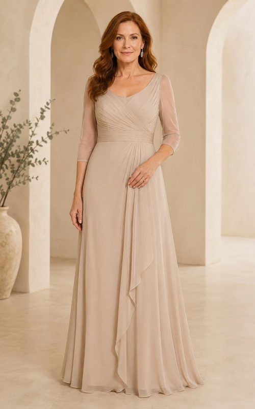 MOB-Kleid aus champagnerfarbenem Chiffon, A-Linie, 3/4-Ärmel, V-Ausschnitt, bodenlang, Rüschenbesatz