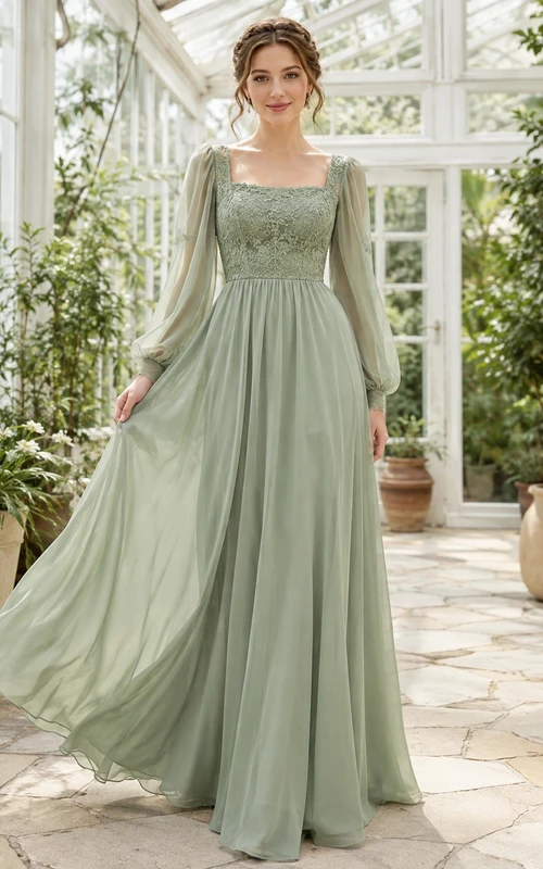 Sage Green Square Neck Long Sleeve Chiffon A-Line Floor Formal Dress