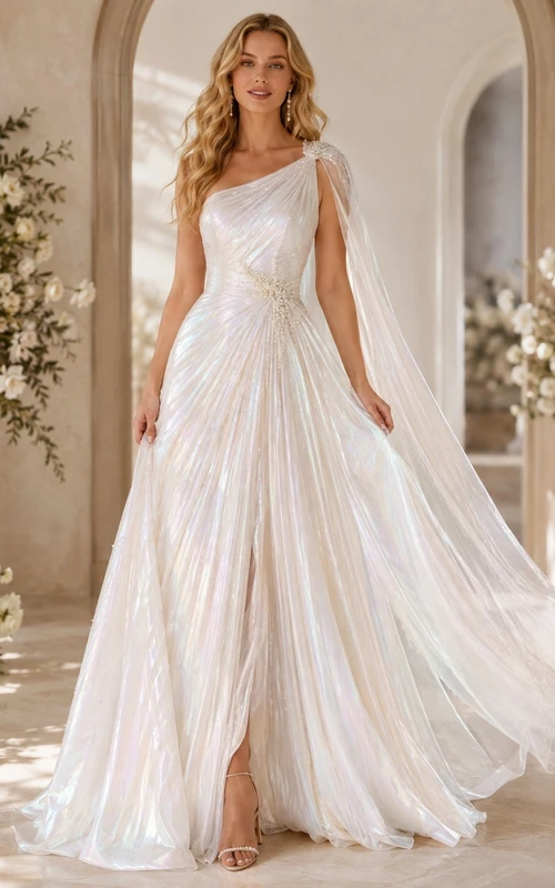 Vestido de novia formal sencillo, romántico y elegante de un solo hombro, corte en A.