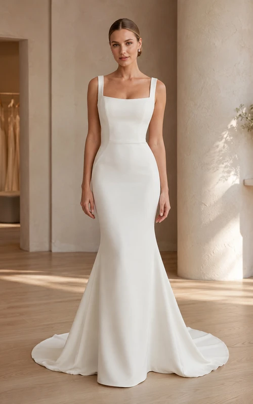 Robe de mariée moderne et minimaliste en crêpe, coupe sirène, encolure carrée simple, bretelles larges et traîne.