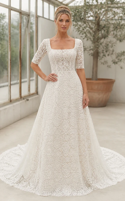 Vestido de novia catedral de encaje geométrico con escote cuadrado y mangas cortas