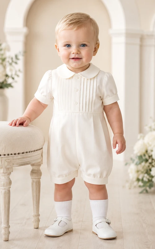 Ivory Pintuck Button Bib Short Sleeve Christening Bubble Romper for Baby Boy