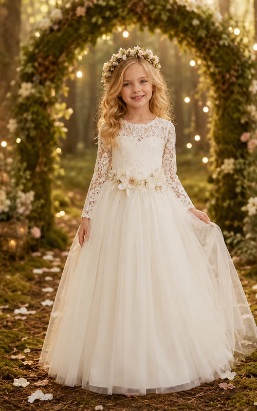 Vestido de niña de las flores, color marfil, encaje, tul, corte en A, manga larga, escote redondo, largo midi.