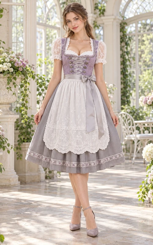 Vintage Mauve Sweetheart Lace Sleeve Scalloped Apron Dirndl Dress