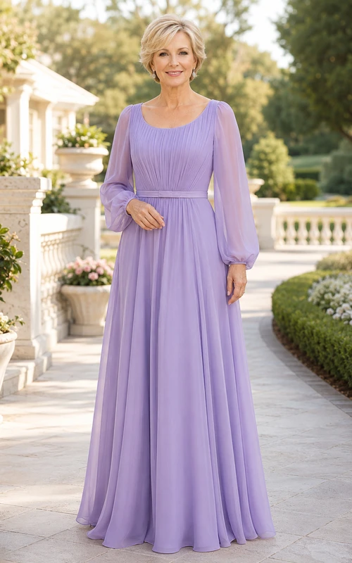 Lavendelfarbenes Chiffon-Kleid in A-Linie mit U-Boot-Ausschnitt und transparenten Poetenärmeln