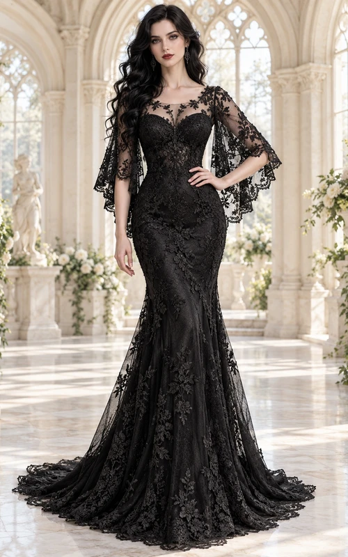 Black Gothic Illusion Neck Flutter Sleeve Lace Mermaid Gown
