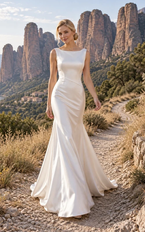 Vestido de novia sencillo de satén sin mangas con escote joya y cola larga, estilo sirena.