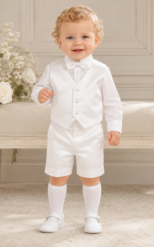 Traje corto de bautizo de satén blanco con chaleco y pajarita para bebé niño