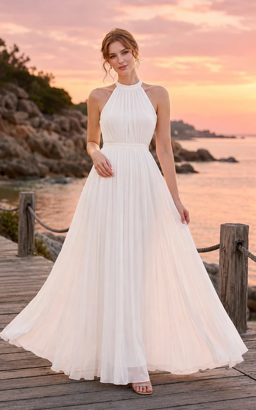 Vestido largo de playa plisado con escote halter y corte en A