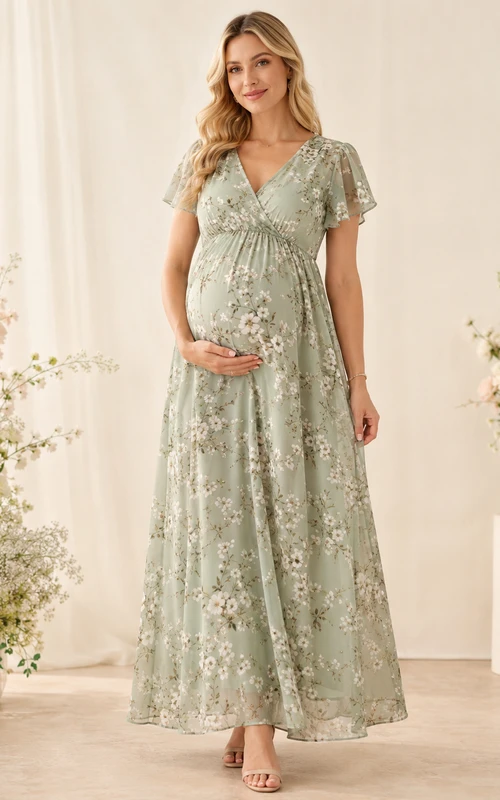 Robe de maternité Sage Floral à col en V, manches papillon, en mousseline, longueur cheville, style empire