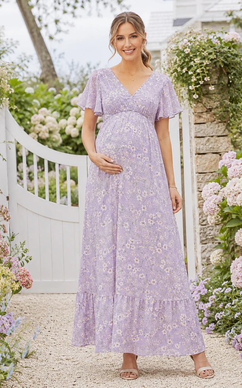Vestido de jardín tobillero con escote en V y mangas con volantes, estampado floral lila y estampado floral lila.
