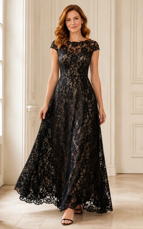 Vintage Black Cap Sleeve Bateau Lace A-Line Ankle-Length Formal Evening Dress