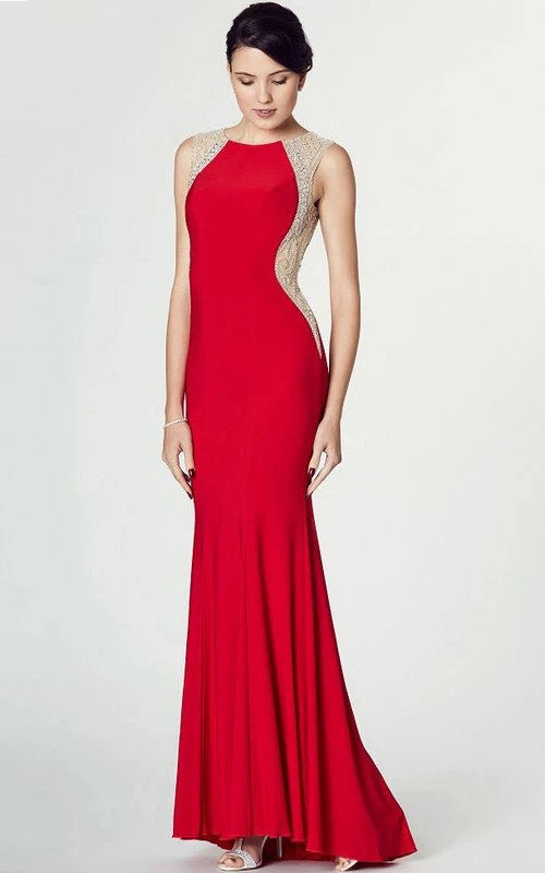 Ärmelloses, perlenbesetztes Jersey-Abendkleid mit Rundhalsausschnitt und Schlüssellochausschnitt
