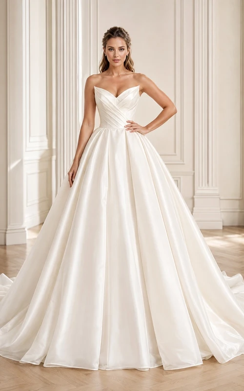 Vestido de novia sencillo de corte princesa sin tirantes con escote corazón y cola de capilla.